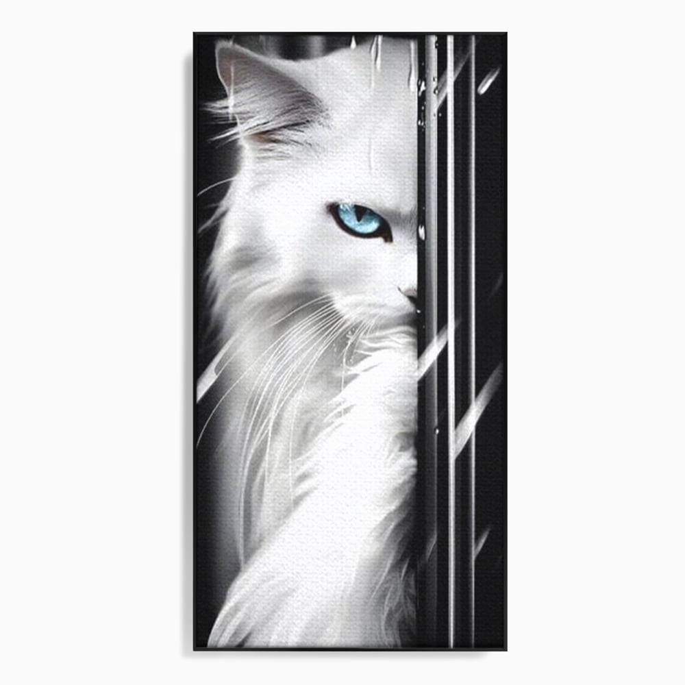 Tablou canvas cu tablou canvas cu pisica alba si ochi albastri, in rama de aluminiu negru